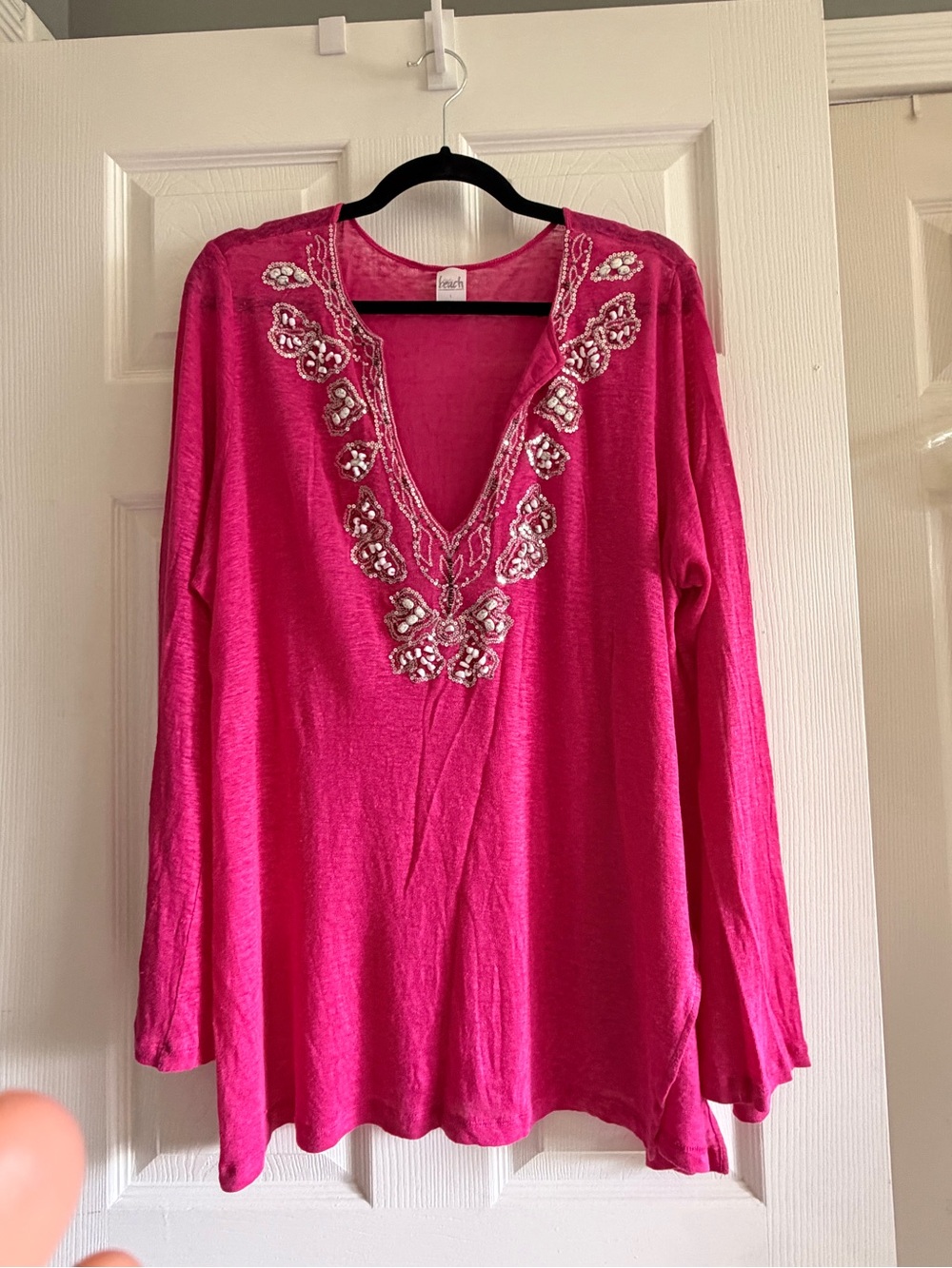 Women’s Embellished V-Neck Long Sleeve Top - Hot Pink
